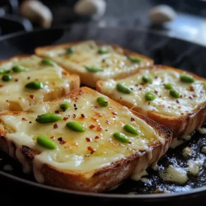 Chilli garlic cheese toast cooking in a pan with bubbling melted cheese and scattered green chillies.