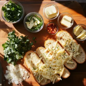 Ingredients for chilli garlic cheese toast including bread, cheese, chillies, garlic, and seasonings.