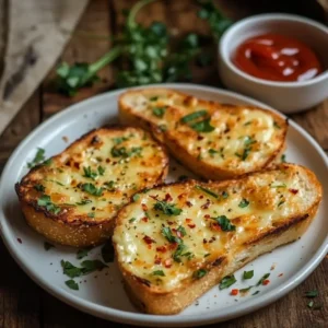 Plated chilli garlic cheese toast garnished with herbs and served with tomato ketchup.