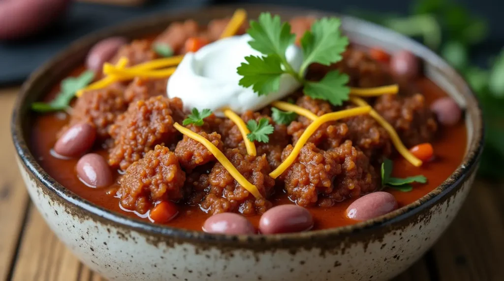 A bowl of classic beef chili with ground beef, kidney beans, and tomatoes, topped with cheddar cheese, sour cream, and cilantro.