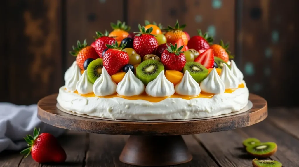 A beautifully crafted pavlova dessert with a crisp meringue base, whipped cream, and fresh fruits like strawberries, kiwi, and passion fruit.