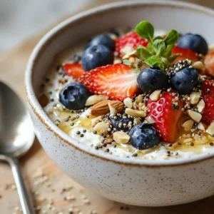 Close-up of quinoa porridge topped with fresh strawberries, blueberries, and honey.