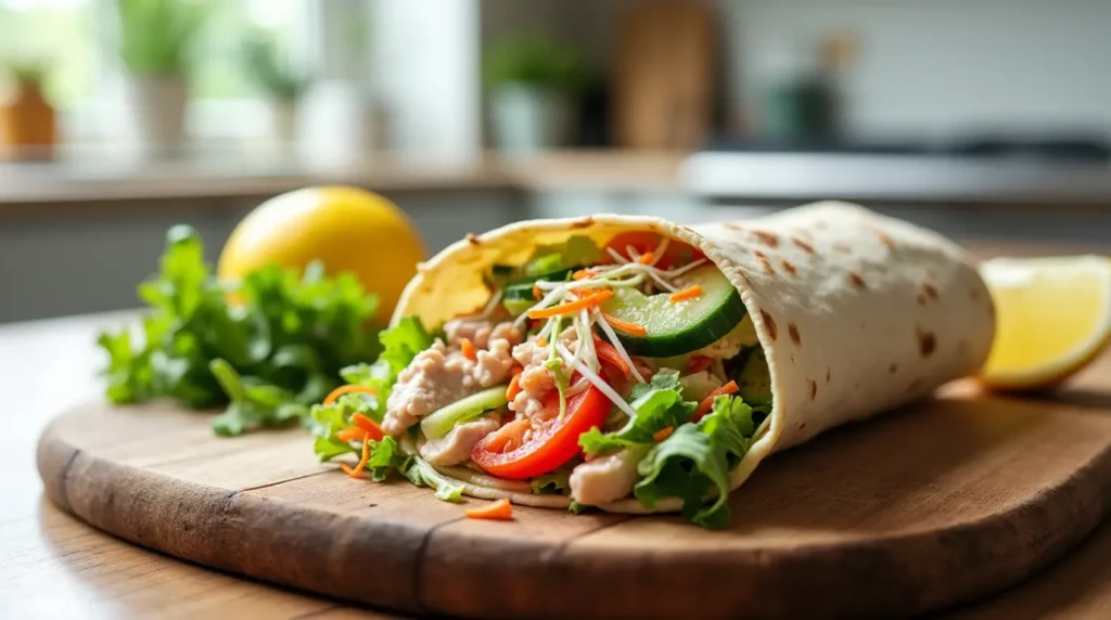 A tuna salad wrap filled with fresh vegetables and wrapped in a whole-grain tortilla, served on a wooden cutting board with lemon wedges.