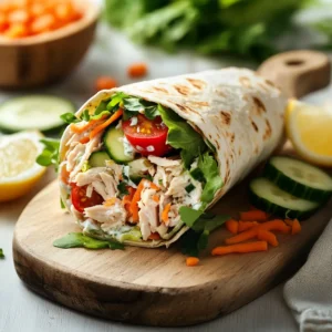 A tuna salad wrap filled with fresh vegetables and wrapped in a whole-grain tortilla, served on a wooden cutting board with lemon wedges.