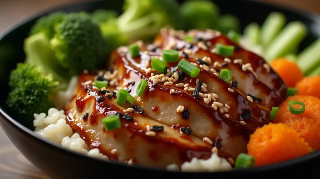 Close-up of Teriyaki Chicken Rice Bowl with glazed chicken, rice, and steamed vegetables, garnished with sesame seeds and green onions.