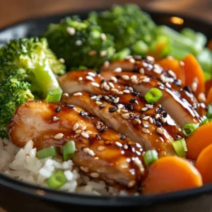 Close-up of Teriyaki Chicken Rice Bowl with glazed chicken, rice, and steamed vegetables, garnished with sesame seeds and green onions.