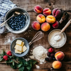 Flat-lay of cobbler ingredients, including fresh fruits, flour, sugar, butter, and kitchen tools on a wooden countertop.