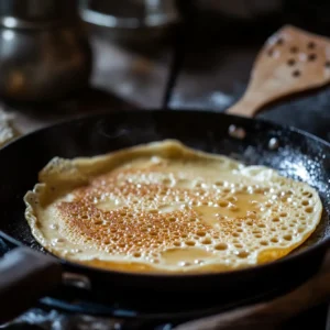 Baghrir pancake cooking in a pan, with bubbles forming on the surface.