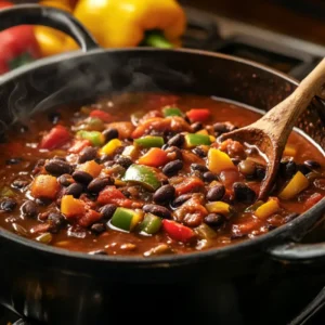 A steaming pot of black bean chili with vibrant vegetables being stirred with a wooden spoon.