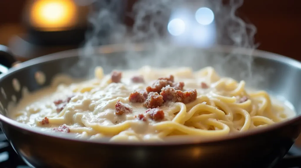 Spaghetti being tossed in creamy carbonara sauce with beef bacon in a skillet.
Title: Cooking Carbonara in a Skillet