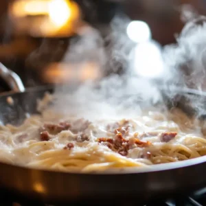 Spaghetti being tossed in creamy carbonara sauce with beef bacon in a skillet.