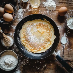 A golden gluten-free pancake being flipped in a skillet with surrounding ingredients.