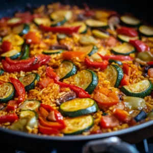 Close-up of a vegetable paella being cooked with colorful zucchini, peppers, tomatoes, and rice in a wide pan.