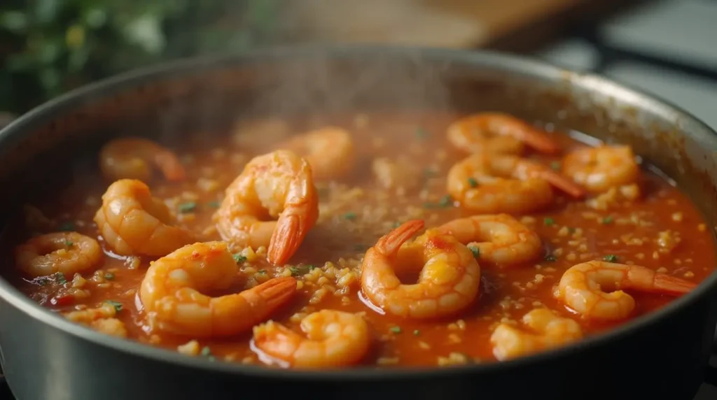 Shrimp jambalaya cooking in a pot with vegetables, rice, shrimp, and a rich tomato broth.