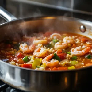 Shrimp jambalaya cooking in a pot with vegetables, rice, shrimp, and a rich tomato broth.