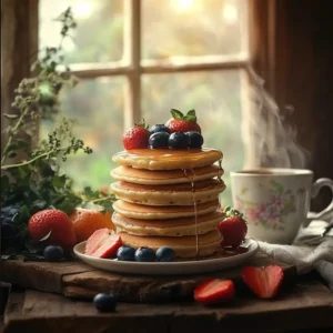 A cozy breakfast with gluten-free pancakes, syrup, fruits, and coffee on a rustic table.