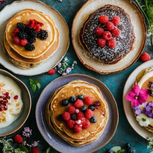 A spread of gluten-free pancakes in various styles: berry-topped, chocolate chip, and savory herb.