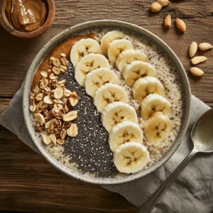 Top-down view of quinoa porridge with banana slices, chia seeds, almond butter, and granola.