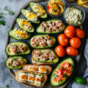 Creative tuna melt variations like avocado boats, open-faced melts, and zucchini boats on a rustic platter.