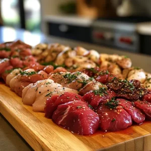 Defrosted marinated meat on a cutting board, ready for cooking with fresh herbs and spices.