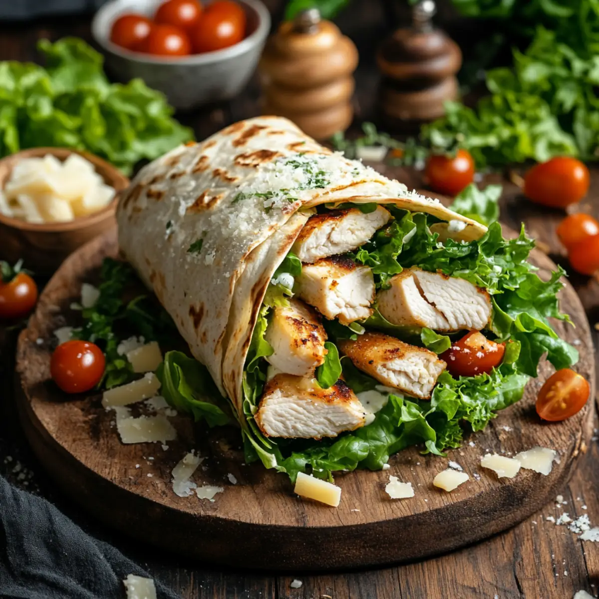 Chicken Caesar Wrap with fresh ingredients including lettuce, grilled chicken, Parmesan cheese, and Caesar dressing on a rustic wooden board.