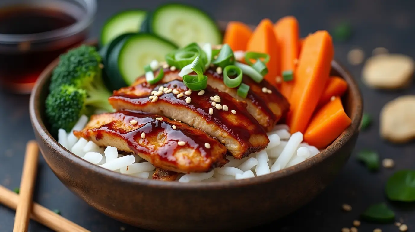 Teriyaki Chicken Rice Bowl with tender glazed chicken, jasmine rice, and vibrant vegetables drizzled with homemade teriyaki sauce.