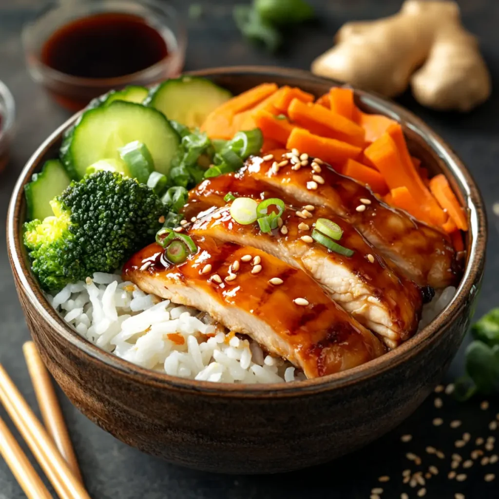 Teriyaki Chicken Rice Bowl with tender glazed chicken, jasmine rice, and vibrant vegetables drizzled with homemade teriyaki sauce.