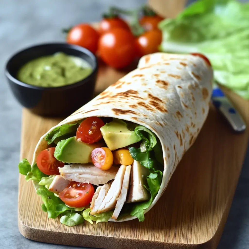 Healthy turkey and avocado wrap with fresh vegetables and dipping sauce on a wooden cutting board.