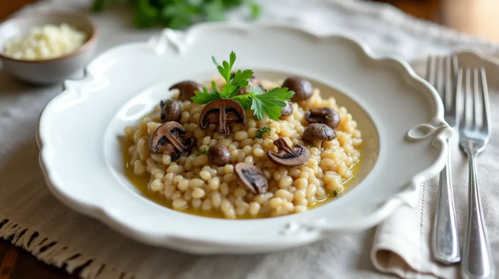 A plated mushroom risotto garnished with parsley and crispy mushrooms, styled with a fork and Parmesan on a table.