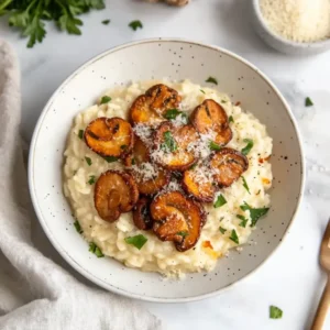 A plated mushroom risotto garnished with parsley and crispy mushrooms, styled with a fork and Parmesan on a table.