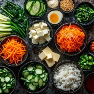 Ingredients for Bibimbap, including rice, vegetables, tofu, eggs, and gochujang sauce, arranged on a kitchen countertop.