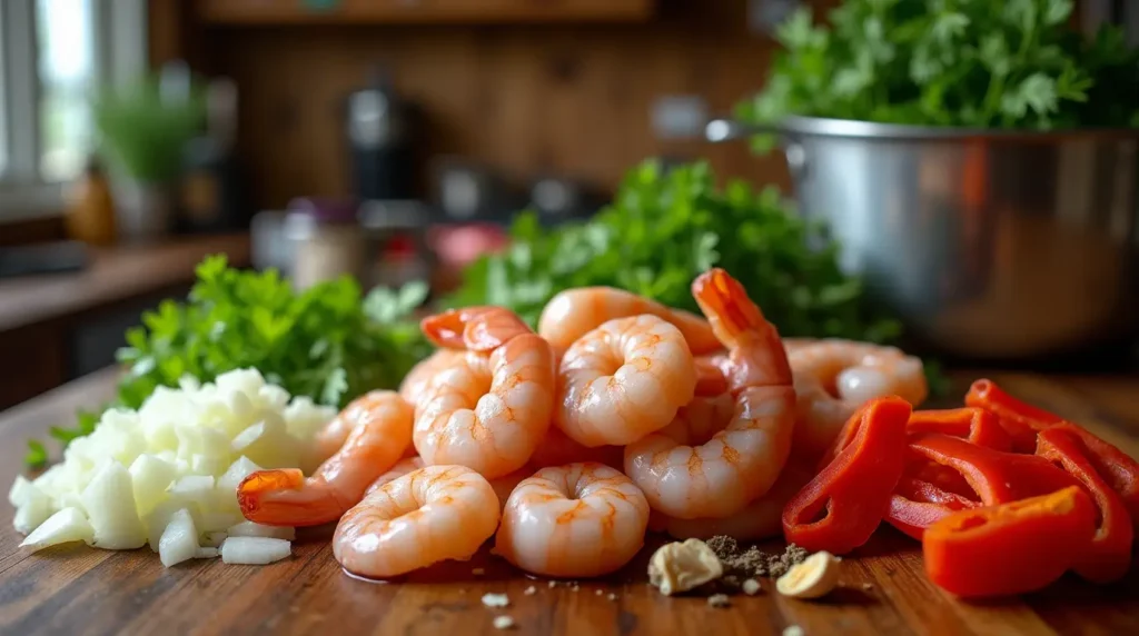 Fresh ingredients for shrimp jambalaya, including shrimp, vegetables, and Cajun spices on a wooden table.