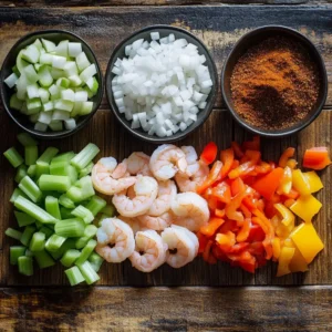 Fresh ingredients for shrimp jambalaya, including shrimp, vegetables, and Cajun spices on a wooden table.