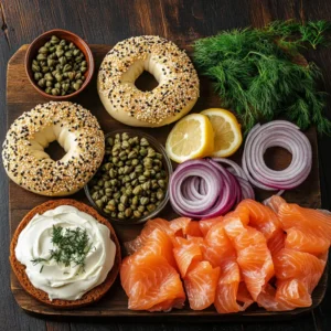 Ingredients for a smoked salmon and cream cheese bagel, including bagels, salmon, cream cheese, dill, capers, onions, and lemon.