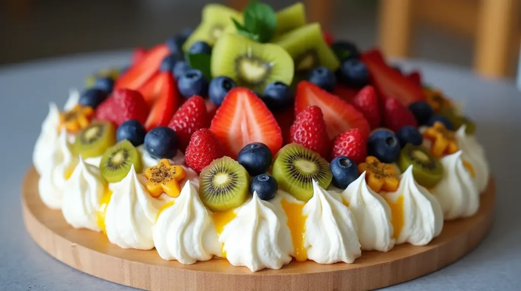 Finished pavlova topped with whipped cream, strawberries, blueberries, kiwi, and passion fruit on a wooden serving plate.