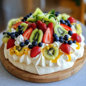 Finished pavlova topped with whipped cream, strawberries, blueberries, kiwi, and passion fruit on a wooden serving plate.