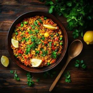 Overhead view of finished vegetable paella garnished with lemon wedges and parsley, served in a traditional wide pan on a rustic table.