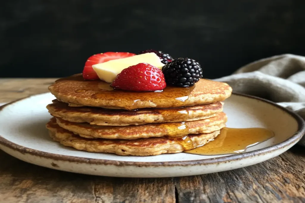 A stack of fluffy gluten-free pancakes topped with fresh berries, maple syrup, and butter on a rustic table