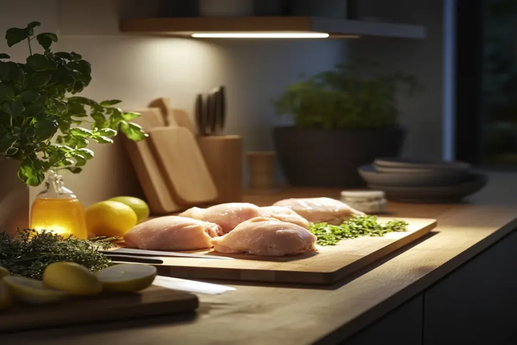 Fresh chicken and frozen chicken side by side showing texture differences on a kitchen countertop.