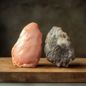 Comparison of fresh raw chicken and spoiled raw chicken on a cutting board