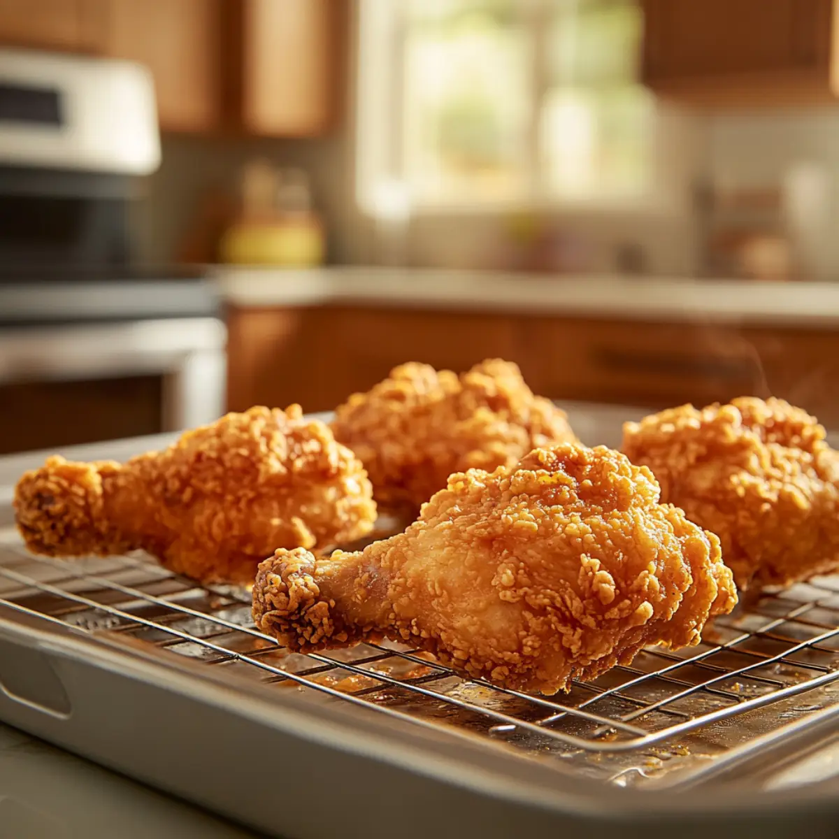 Golden crispy fried chicken on a wire rack with an air fryer and oven in the background.