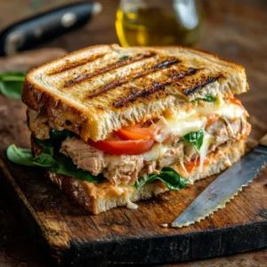 A grilled tuna melt sandwich with crispy bread, melted cheese, tomato, and spinach, served hot on a wooden board.