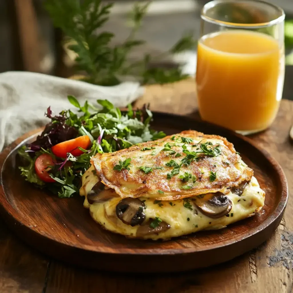 A gourmet mushroom and cheese omelette garnished with fresh herbs, served with a side salad on a wooden plate in a cozy kitchen setting.