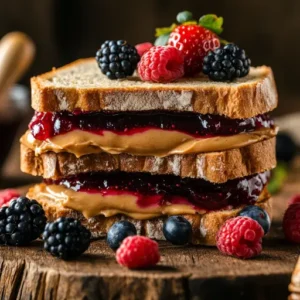 A gourmet peanut butter and jelly sandwich with artisan bread, homemade jam, and fresh berries.