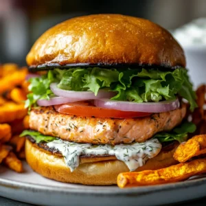 A gourmet salmon burger with dill sauce on a brioche bun with lettuce, tomato, and sweet potato fries.