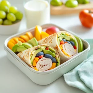 Lunchbox with turkey and avocado wrap, fruits, and milk on a white countertop.