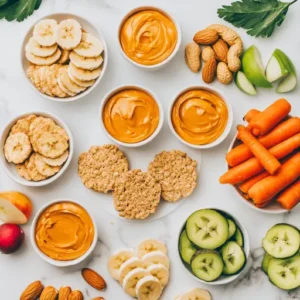  A colorful assortment of healthy peanut butter snacks, including apple slices, bananas, and rice cakes with fresh toppings.