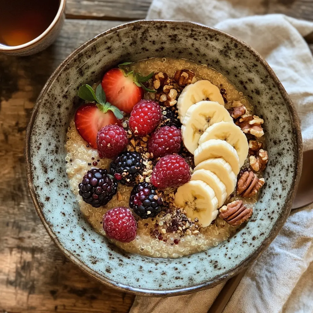 A bowl of quinoa porridge topped with fresh berries, banana slices, nuts, and honey on a rustic wooden table.