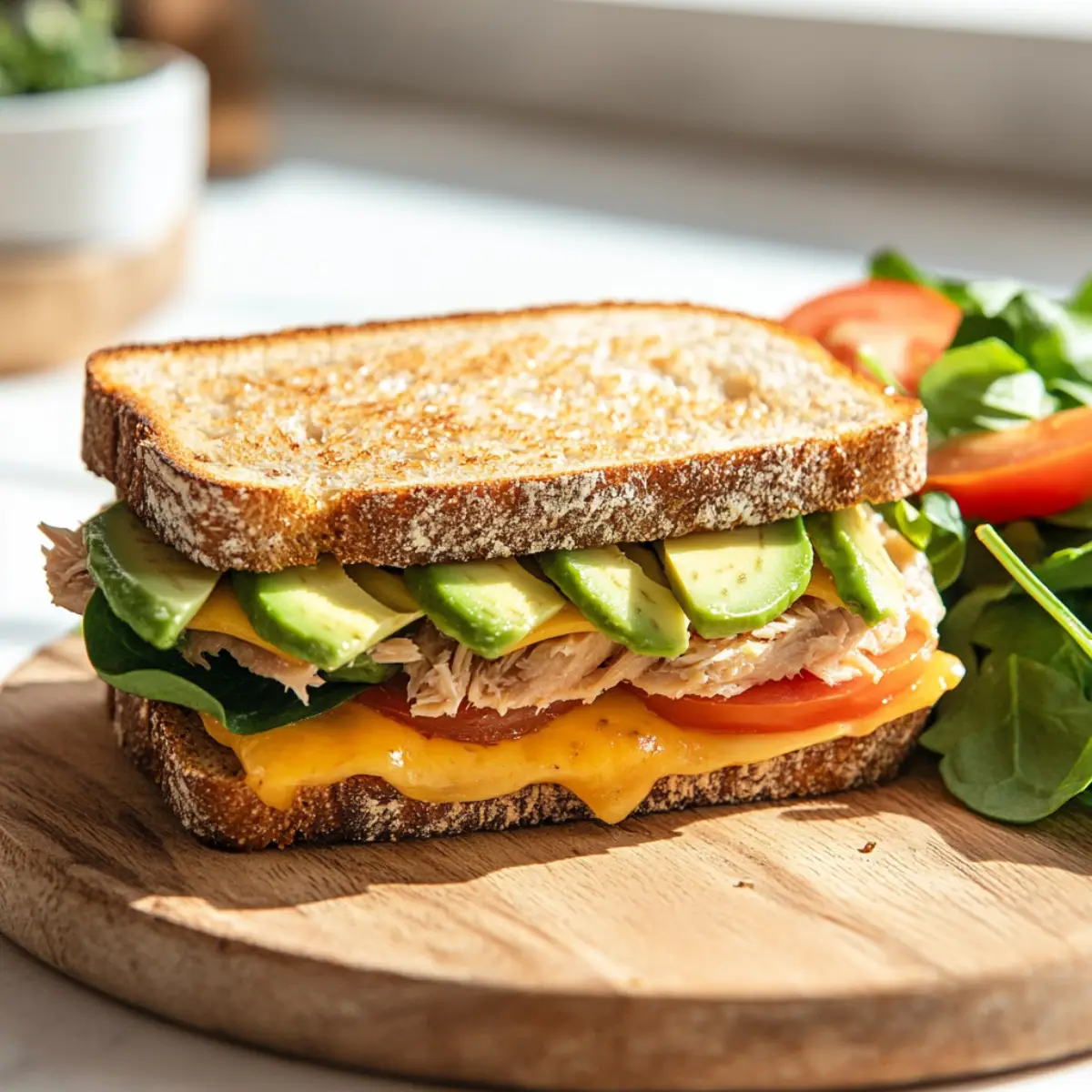 A healthy tuna melt sandwich on whole-grain bread with melted cheese, avocado, spinach, and tomatoes, served with a fresh salad.