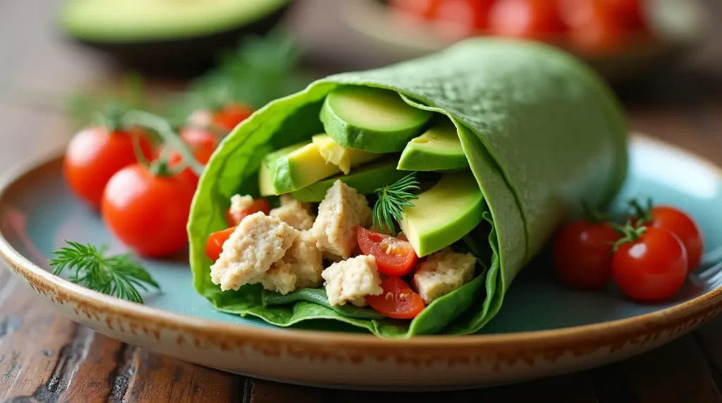 A healthy tuna salad wrap in a spinach tortilla with avocado, fresh greens, and vegetables, served with cherry tomatoes and dill.